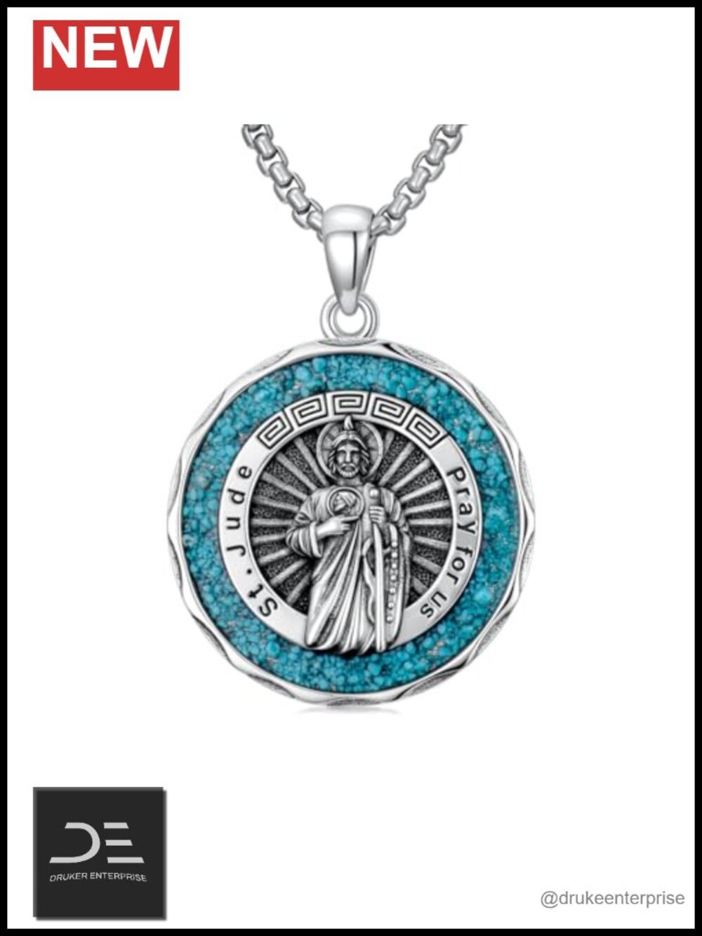 925 Sterling Silver Turquoise St Jude Pendant Necklace Unisex
